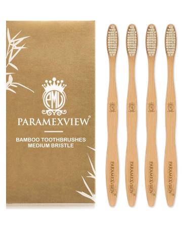 Paramexview Natural Bamboo Toothbrushes Set of 4 | BPA-Free Medium Bristles Eco-Friendly | Biodegradable Handle Charcoal Infused and Organic Base Brown