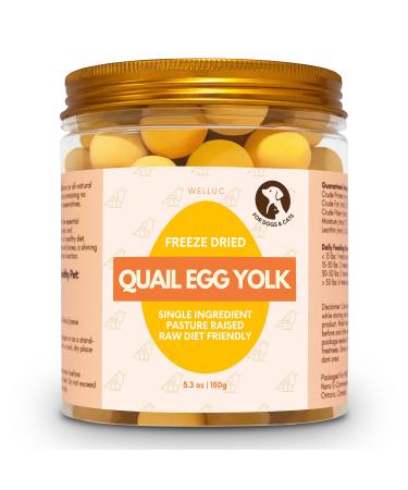 Freeze Dried Quail Egg Yolk for Cats & Dogs | Single Ingredient Raw Pet Treats | Pasture Raised - High Protein Healthy Food Topper Training Treats for Shiny Coat | 150g (5.3 oz) Resealable Jar