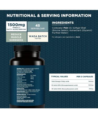 Kinetica Sports Omega-3 Fish Oil | 1500mg Omega-3 Fatty Acids 1000mg EPA & 500mg DHA/Serve 45 Servings/90 Capsule Pack | 2 Capsules/Day | Reduces Muscle Soreness with Anti-Inflammatory Properties - Buy Online on GoSupps.com