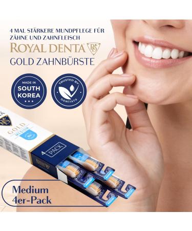 Royal Denta Gold Medium Toothbrush 4-Pack | Double Length Bristles for Interdental Cleaning | Gold Particles for Bacteria & Tartar Removal | Medium Strength | Multicolored - Buy Online on GoSupps.com