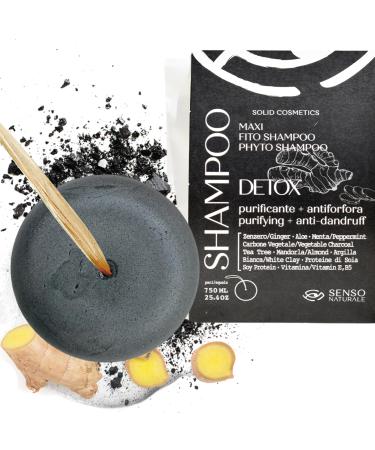 Senso Naturale Solid Shampoo Detox Purifying Anti-Dandruff and Seborrheic Dermatitis for Oily Hair with Vegetable Charcoal Tea Tree Ginger Coconut Oil does not dry out the Lengths PH 4.5-5.0