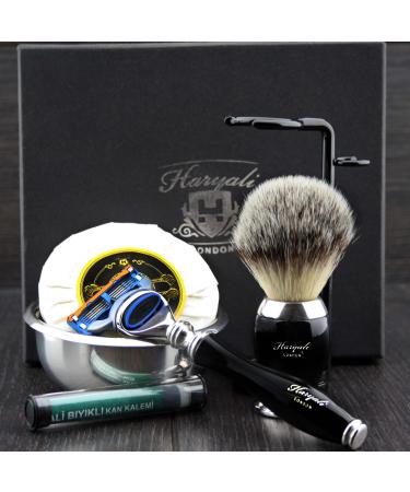 6 Pc Mens Shaving Kit 5 Edge Razor with Synthetic Badger Hair Shaving Brush Stand Soap Bowl and Alum Perfect Set for Men
