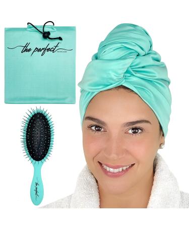 Ultra-Fine Microfiber Hair Towel Wrap & Wet/Dry Detangling Hair Brush - The Perfect Haircare - Anti-Frizz Turban for Curly or Wavy Haired Women Girls & Kids - Quick Drying - Good for Travel (Aqua) Aquamarine