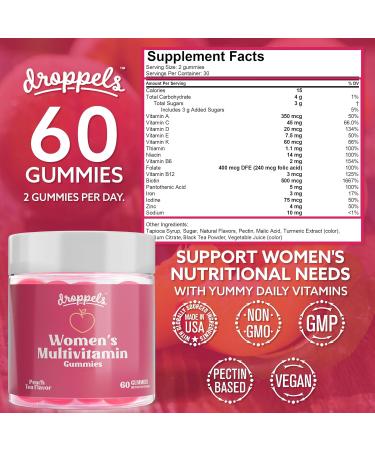 Droppels Women's Multivitamin Gummies with Folic Acid, Vitamins A, D, C, E, K, B6, B12, Biotin & More | Vegan, Non-GMO & Pectin-Based Daily Vitamins for Women | Peach Tea Flavor, 60 Count - Buy Online on GoSupps.com