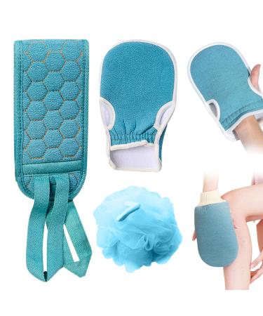 Exfoliating Shower Towel Including Exfoliating Glove and Bath Sponges Stretchable Pull Exfoliating Washcloth Comfortable Shower Gloves for Women Men Bath Accessories Blue Exfoliating Shower Towel