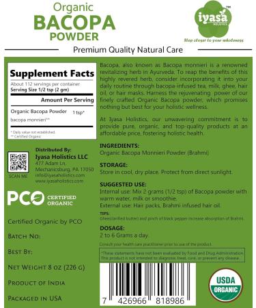 Organic Bacopa Powder (Brahmi Leaf) Certified organic Ayurveda Superfood Hair and brain tonic Resealable Pouch of 8 oz - Buy Online on GoSupps.com