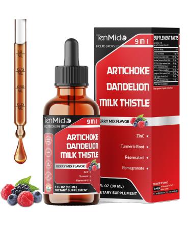Tenmido Artichoke Extract Liquid Drops - 9in1 Herbal Supplements Liquid with Zinc Dandelion Milk Thistle Turmeric Resveratrol Pomegranate Ginger and Black Pepper - 30ml 1Fl Oz