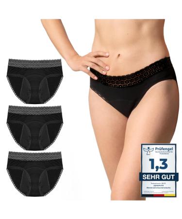 Zenaphyr 3Tlg.Periods underwear -set organic cotton - menstrual underwear 4 leak -proof layers - hygienic washable period undulating (XS) XS 3 -pack - black