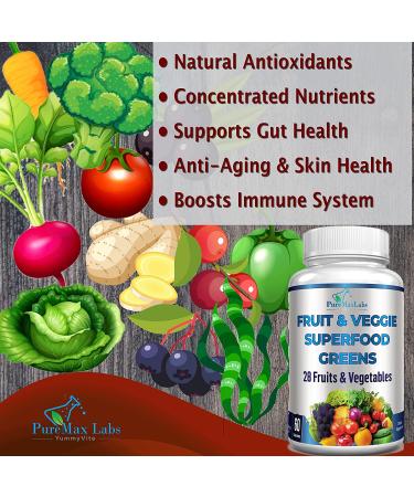 Fruit and Veggie Superfood Greens - 28 Fruits & Vegetables, Antioxidant-Rich Blend with Alfalfa, Barley Grass, Spirulina, Beet Root, Tart Cherry, Blackberry - 60 Tablets - Buy Online on GoSupps.com