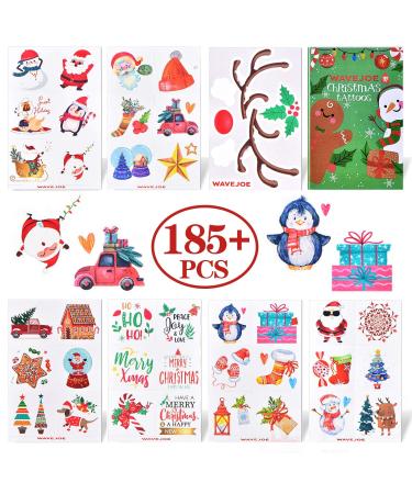 WAVEJOE 185+PCS Christmas Temporary Tattoos for Kids Stocking Stuffers  Watercolor Style Xmas Holiday Decals Goodie Gift Party Favors