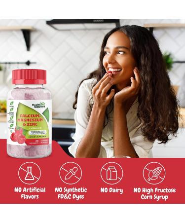 Calcium Magnesium & Zinc + Vitamin D Gummies for Bone & Immune Health | Daily Dietary Supplement for Adults & Teens | Fruity Raspberry Flavor - Buy Online on GoSupps.com
