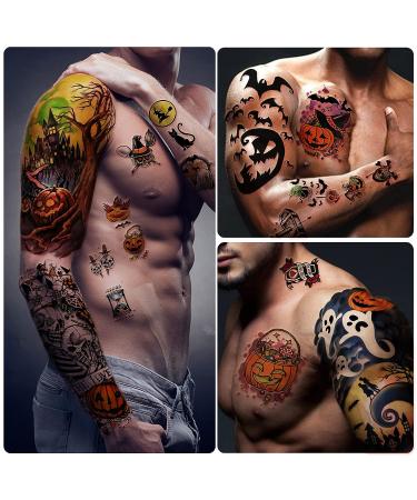 Yazhiji 40 Sheets Halloween Temporary Tattoos - Pumpkin Witch Sugar Skull Family Set for Men, Women, Boys, Girls - Waterproof and Realistic Zombie Makeup Kit for Parties - Buy Online on GoSupps.com