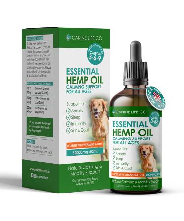 Canine Life Co. Hemp Oil For Dogs 60ml 60 000mg - Dog Calming Supplement - Dog Calming Drops - Omega 3 6 9 For Dogs - Supports & Maintains Healthy Joints - Made In The UK (1 Pot 60ml) 1 Pot (60ml)