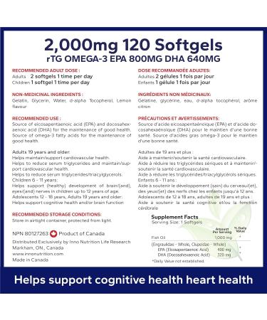 Triple Strength rTG Omega-3 Fish Oil 2000 mg w/EPA & DHA Fatty Acids 120 Softgels Helps Brain & Heart Health Immune Supports for Men & Women Burpless Fish Oil Non-GMO Made In Canada - Buy Online on GoSupps.com