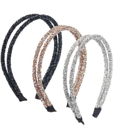 PAGOW 3pcs Double Crystal Side Hair Band  Rhinestone Diamond Vintage Turban Thin Hair Bands Hair Hoops Accessories for Women Girls (Black + Silver + Champagne )