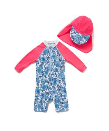 BONVERANO Baby Girls Swimsuit Toddler Bathing Suit Long-Sleeve Zipper One Piece Swimwear with UPF 50+ Sun Protection 12-18 Months Blue / White