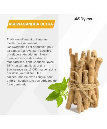 Ashwagandha Shoden Ultra 35% de Withanolides 15 000 mg quivalent | 7x plus concentr que l Ashwagandha KSM-66 | Soutien la concentration au sommeil profond et l nergie | 120 g lules Nyvos - Buy Online on GoSupps.com