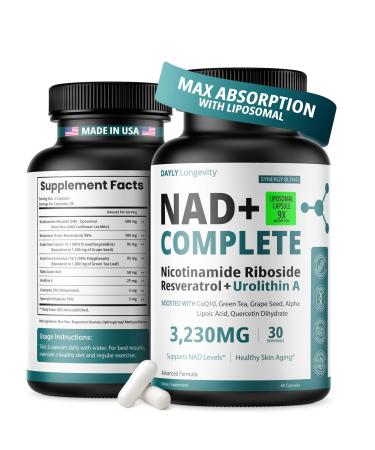 DAYLY Liposomal NAD+ Supplement Nicotinamide Riboside with Urolithin A Resveratrol & CoQ10 NAD Plus Formula for Men & Women Energy Cellular Repair & Anti-Aging Support 30 Days 60 Count (Pack of 1)