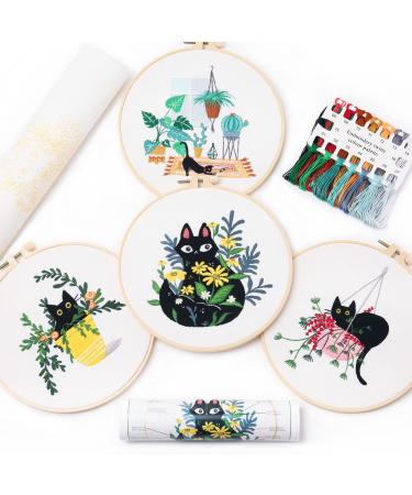 REEWISLY 4 pcs of Embroidery Starter kit with Patterns and Instructions  DIY Adult Beginner Cross Stitch Kits  Including 2 Plastic Embroidery Rings  1 Pair of Scissors  Colored Threads and Needles Black