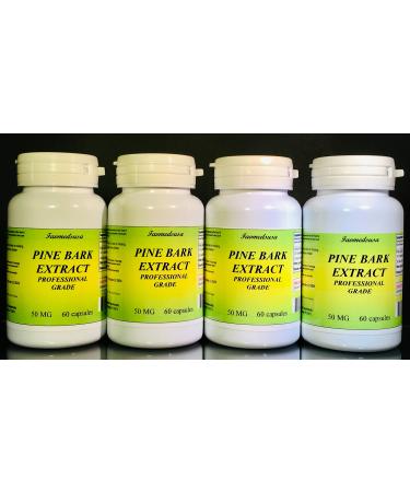 Pine Bark Extract 50mg, Blood Circulation, Inflammation, Made in USA - Various Sizes (4 Bottles - 240 4x60 Capsules)