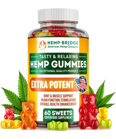 Hempbridge Hemp Gummies - Made in USA - Safe and Natural Omega 3 Supplement with Hemp Oil for Pain and Inflammation Relief - Max Value in Each Gummy - Vitamins B & E and Omega 3, 6, 9 - 60 Pcs 60 Count (Pack of 1)