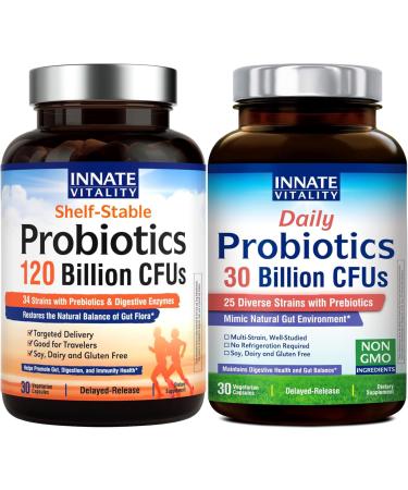 Innate Vitality Probiotic Bundle: 120B & 30B CFU Options with Prebiotics. Supports Gut Health Relief from Bloating & Gas. Delayed Release Vegan (60 Capsules)