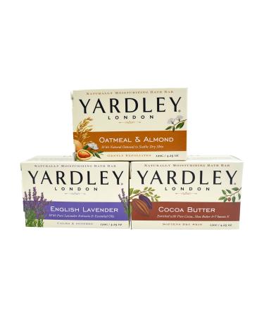 Yardley London Soap Bath Bar Bundle - 3 Bars: Cocoa Butter Oatmeal & Almond English Lavender 4.25 Oz Bars (Pack of 3 One of Each)