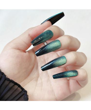 Shop Long Coffin Green Gradient Press On Nails | Cat Eye Acrylic False Nails for Women - Stylish & Easy to Apply - Buy Online on GoSupps.com