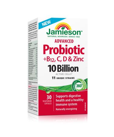 Jamieson Advanced Probiotic 10 Billion CFU + Vitamins B12 C D3 & Zinc 30 Count