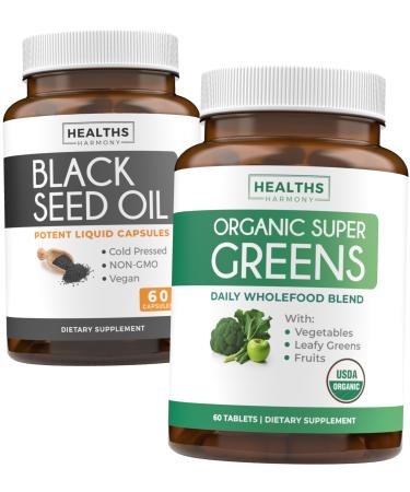 Black Seed Oil & Organic Super Greens (1-Month Supply) Nigella Greens Bundle of Black Seed Oil (60 Capsules) Cold-Pressed Nigella Sativa and Organic Super Greens Powder (60 Tablets) Complete Superfood