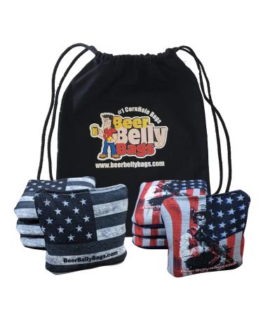 Beer Belly Bags Cornhole - Competitive Series 8 Bags Resin Filled - Double Sided - Sticky Side | Slick Side - Basketweave Flag/Military