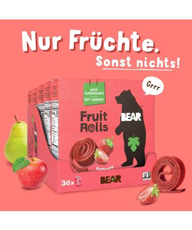 Bear Fruit Roller Strawberry | 100% Natural Ingredients | No Added Sugar | Healthy Snack for Kids & Adults | 30 Bags x 20g | Buy Online Worldwide - Buy Online on GoSupps.com