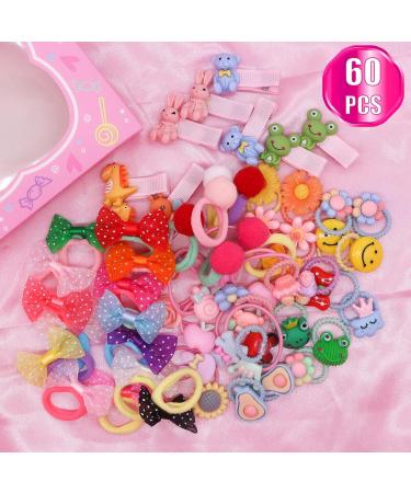 HQCM 60 PCS Seamless Ponytail Holder Hair Accessories for Girls - Multicolor Mini Baby Cartoon Hair Ties with Bow, Elastic Bands, and Clips for Kids - Buy Online on GoSupps.com