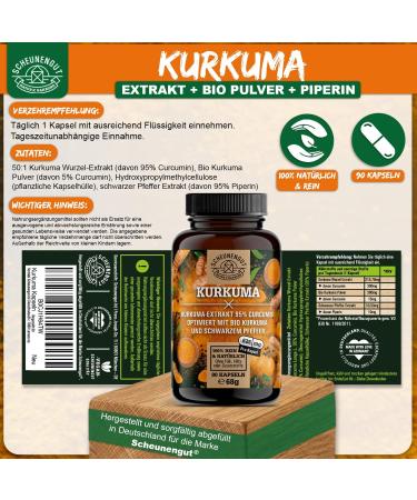 Kurkuma Kapseln 50:1 Extrakt - 15800mg Curcuma pro St ck | 95% Curcumin + Bio Kurkuma Pulver mit Piperin | Laborgepr ft - 90 Kapseln - de-scheunengut  - Buy Online on GoSupps.com
