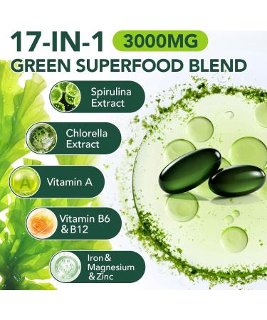 bnHUlMXw Organic Spirulina Chlorella Capsules 17-in-1 Supergeens Blend Rich in Vegan Protein & Chlorophyll Immune Support Non-GMO and Gluten Free Supplement 300 Softgels - Buy Online on GoSupps.com
