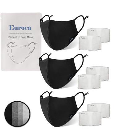 Euroca 4 Layer Face Masks Reusable Washable with Nose Wire Adjustable Ear Loop -2 Filters Included (Black) 3 Pack Black Large