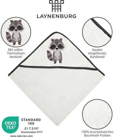 Premium Baby Hooded Towel - 100% Cotton Oeko-Tex | Laynenburg Raccoon - 80x80cm - Perfect Bath Towel for Newborns & Kids - Buy Online on GoSupps.com