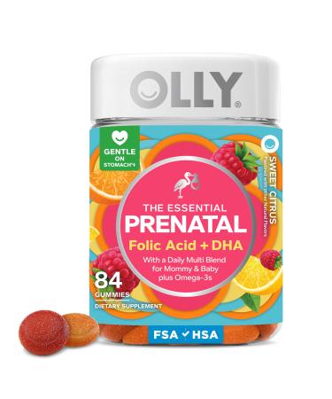 OLLY Essential Prenatal Gummy Multivitamin Folic Acid Vitamin D Omega 3 DHA Supports Healthy Growth and Brain Development Citrus Berry - 84 Count 84 Count (Pack of 1)