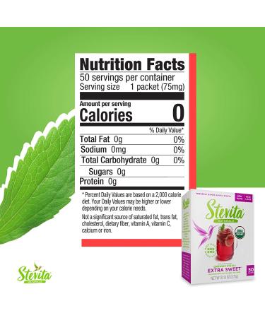 Stevita Organic Stevia - 50 Packets, All-Natural Zero Calorie Sweetener, USDA Organic, Non-GMO, Vegan, Keto, Gluten-Free - Buy Online on GoSupps.com