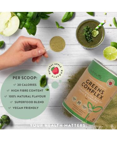Nutravita Super Greens Powder Complex - Natural Apple Flavour - Premium Blend with Spirulina, Barley Grass & Turmeric - High Fibre, Vegan & GMO Free - Made in UK - Buy Online on GoSupps.com