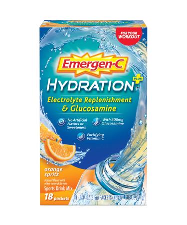 Emergen-C Hydration+ Sports Drink Mix with Vitamin C (18 Count, Orange Spritz Flavor with Glucosamine), Electrolyte Replenishment, 0.34 Ounce Powder Packets Orange 0.34 Ounce (Pack of 18)
