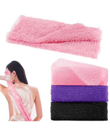 3 Pcs African Exfoliating Net Sponge - 31.5 Inch Loofah Body Scrubber Bath Sponge Back Scrubber for Shower Exfoliating Washcloth Towel Woven for Women Men Skin Smoother Daily Use (Pink Black Purple) Multicolor