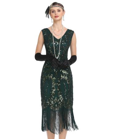 kayamiya Women's Flapper Dresses 1920s Sequin Fringed Paisley V Neck Great Gatsby Dress Roaring 20s Costumes Green Medium