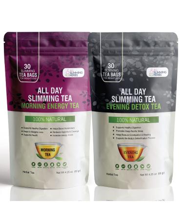 ALL SLIMMING HERBS All Day Slimming Tea For Weight Loss - All Natural 30 Days Detox Tea That Flattens Tummy - Daytime Energy Boost Tea 30 Bag+ Evening Detox Tea 30 Bag