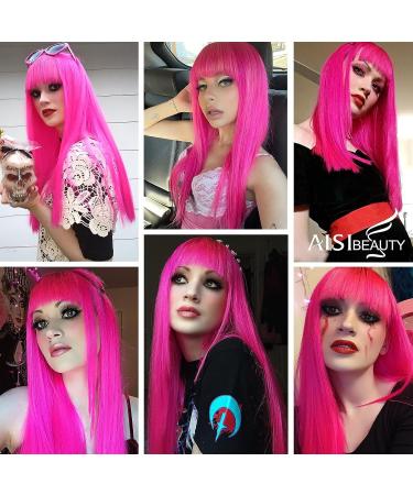 AISI Beauty Long Hot Pink Wig for Women | 24 Inch Straight Synthetic Colored Wig with Bangs for Party Cosplay - Buy Online on GoSupps.com