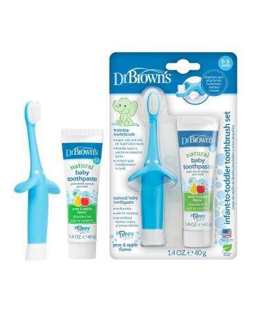 Dr. Brown's Infant to Toddler Toothbrush Set 0-3 Years Blue Real Pear & Apple Flavor 2 Piece Set