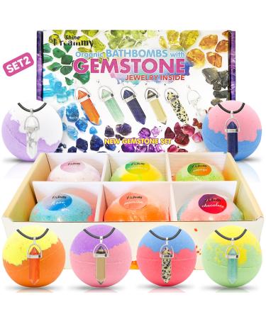 Organic Bath Bombs with Surprise Natural Real Gemstone Jewelry Inside.Handmade Bubble Bath Spa Set. Fizzies Spa kit with Essential Oils. Birthday Christmas Valentines Gift for Girls Boys Women. SET2