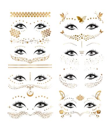 Konsait 8 Sheets Face Tattoo Sticker Metallic Temporary Transfer Tattoo Waterproof Face Jewels for Women Girls Make Up Dancer Costume Parties  Shimmer Glitter Gold Tattoos Butterfly Star Freckle Scale