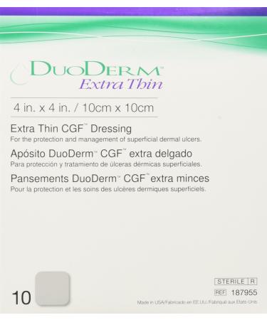 DuoDERM Extra Thin CGF Hydrocolloid 4"x4" Sterile Self-Adhesive Dressing for Management of Lightly Exuding Wounds, Flexible, Latex-Free, Beige, 187955, Box of 10 4x4 Inch (Pack of 10)