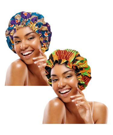 2 Pieces Large Satin Sleep Bonnet African Silky Adjustable Bonnet Sleeping Caps for Curly Hair Black for Girls Women (Retro Patterns)
